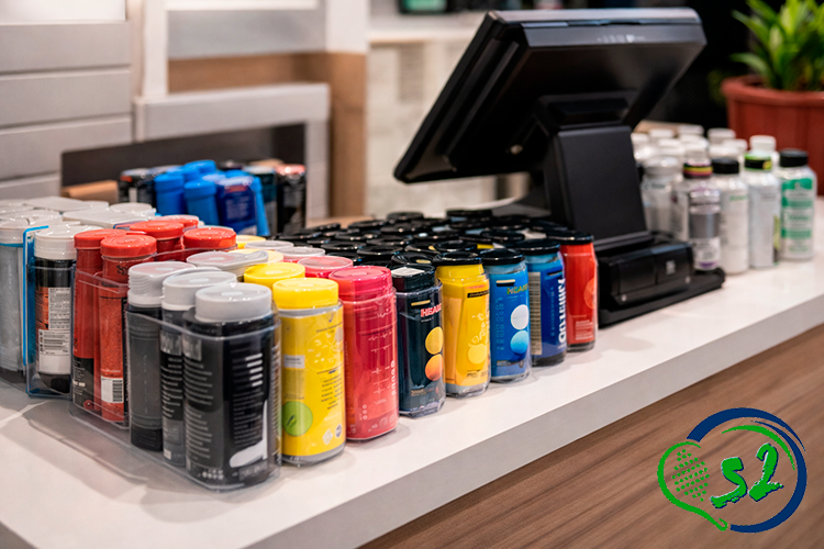 Accesorios de pádel en zona de caja para venta impulsiva